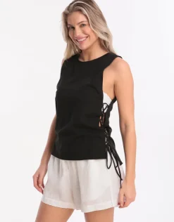 Active Lace Up Singlet Top - Black