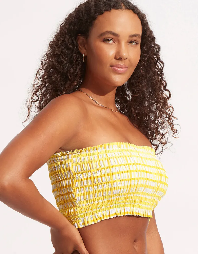 Amalfi Check Shirred Longline Bandeau Bikini Top - Lime Light