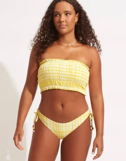Amalfi Check Shirred Longline Bandeau Bikini Top - Lime Light