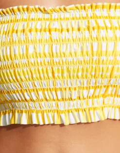 Amalfi Check Shirred Longline Bandeau Bikini Top - Lime Light