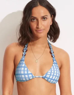 Amalfi Check Slide Tri Bikini Top - Amalfi Blue