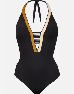 Antagonist Halter Plunge Swimsuit - Black Sand Caramel