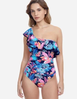 Bohemian Gypsy Ruffle One Shoulder Swimsuit - Navy