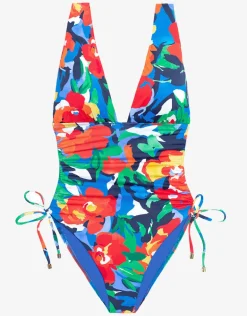 Bold Abstract Floral Ruched Plunge Swimsuit
