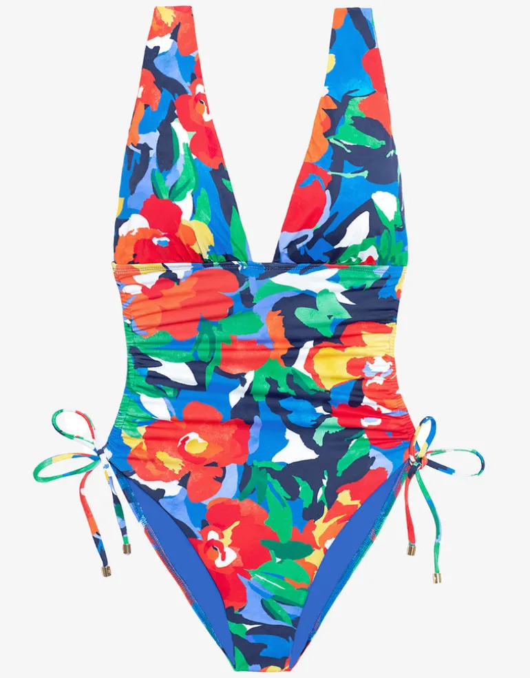 Bold Abstract Floral Ruched Plunge Swimsuit