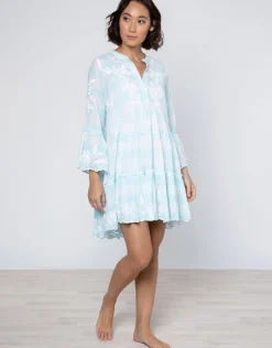 Butterfly Gingham Flared Sleeve Dress - Blue