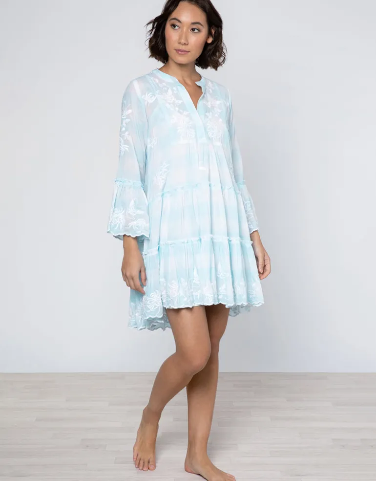 Butterfly Gingham Flared Sleeve Dress - Blue