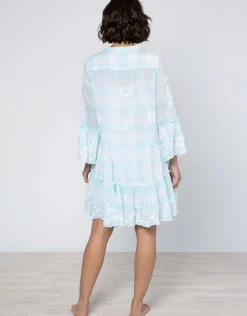 Butterfly Gingham Flared Sleeve Dress - Blue