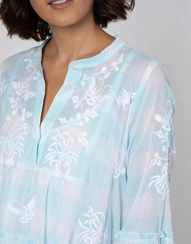 Butterfly Gingham Flared Sleeve Dress - Blue