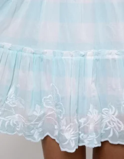 Butterfly Gingham Flared Sleeve Dress - Blue