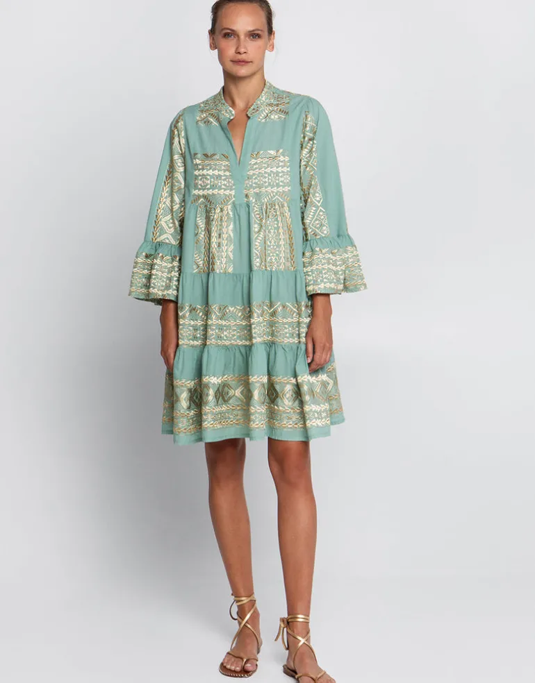 Classic Triangle Long Sleeve Mini Dress - Sea Green and Gold