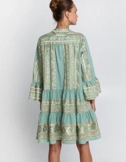 Classic Triangle Long Sleeve Mini Dress - Sea Green and Gold