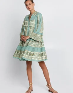 Classic Triangle Long Sleeve Mini Dress - Sea Green and Gold