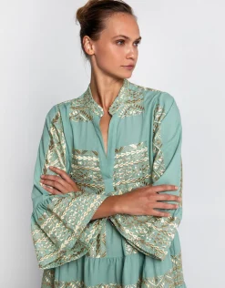 Classic Triangle Long Sleeve Mini Dress - Sea Green and Gold