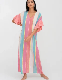 Contrast Ruffle Sleeve V Neck Dress - Multi
