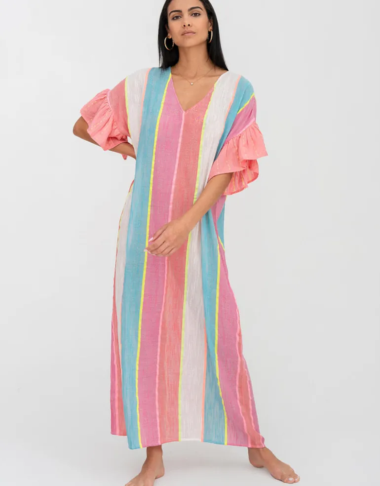 Contrast Ruffle Sleeve V Neck Dress - Multi