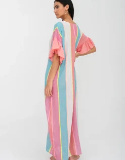 Contrast Ruffle Sleeve V Neck Dress - Multi