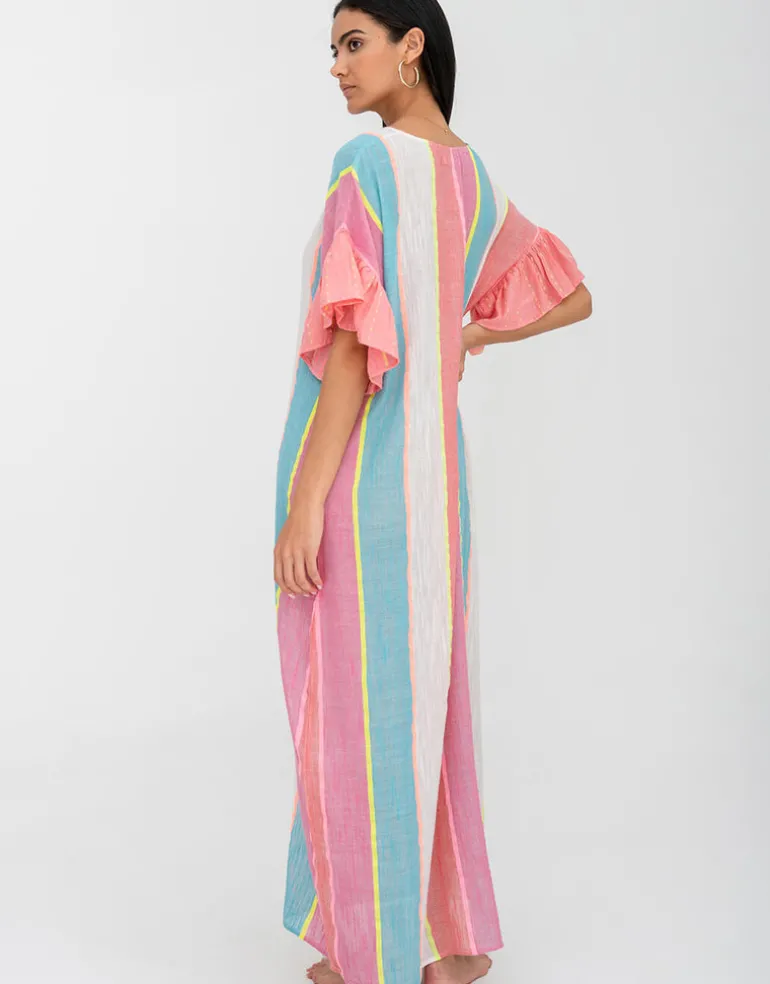 Contrast Ruffle Sleeve V Neck Dress - Multi