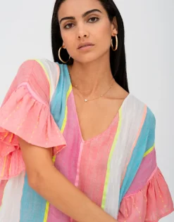 Contrast Ruffle Sleeve V Neck Dress - Multi