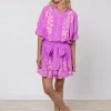 Cotton Blouson Dress with Butterfly Embroidery - Violet and Neon Peach