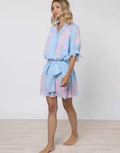 Cotton Blouson Dress with Butterfly Embroidery - Blue and Neon Pink