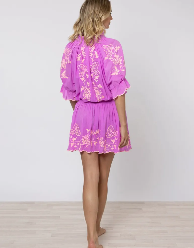 Cotton Blouson Dress with Butterfly Embroidery - Violet and Neon Peach