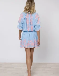 Cotton Blouson Dress with Butterfly Embroidery - Blue and Neon Pink