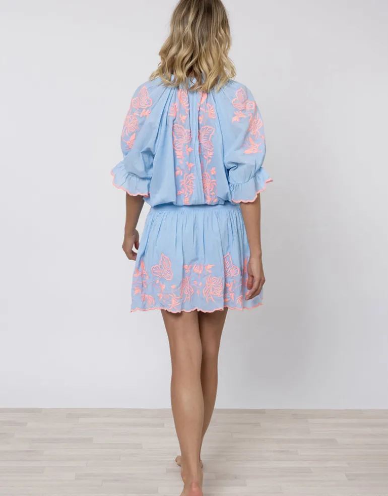 Cotton Blouson Dress with Butterfly Embroidery - Blue and Neon Pink