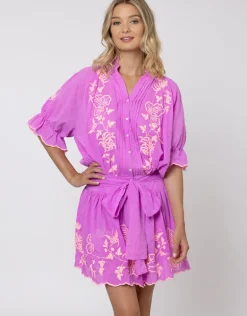 Cotton Blouson Dress with Butterfly Embroidery - Violet and Neon Peach