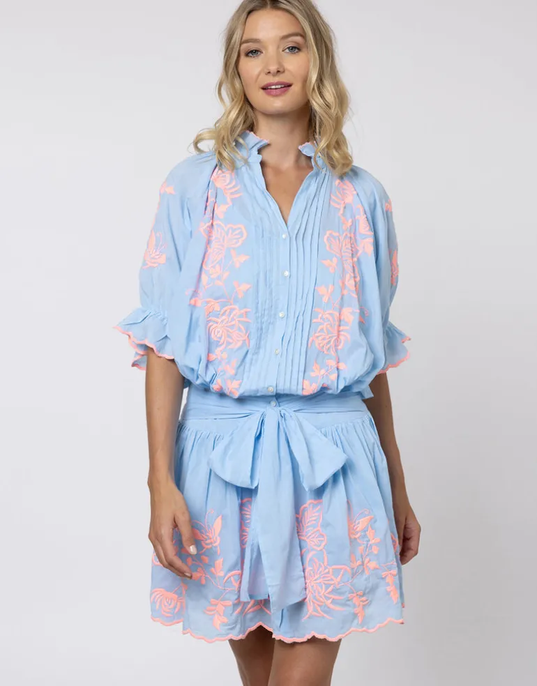 Cotton Blouson Dress with Butterfly Embroidery - Blue and Neon Pink