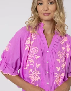 Cotton Blouson Dress with Butterfly Embroidery - Violet and Neon Peach