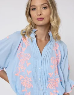 Cotton Blouson Dress with Butterfly Embroidery - Blue and Neon Pink