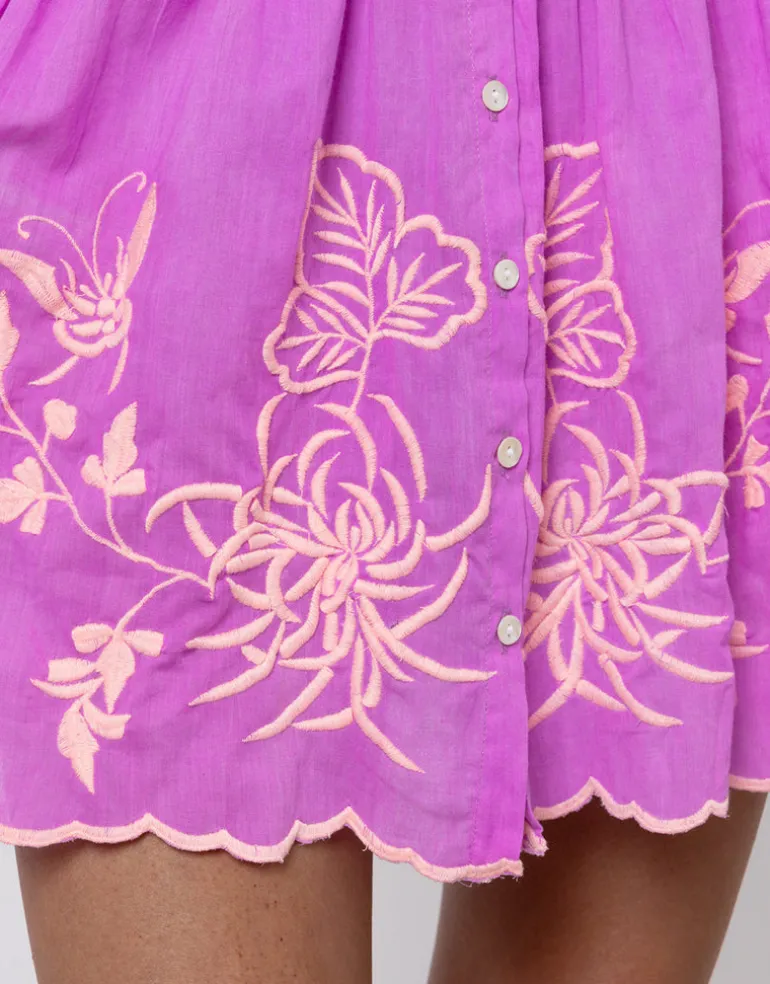 Cotton Blouson Dress with Butterfly Embroidery - Violet and Neon Peach