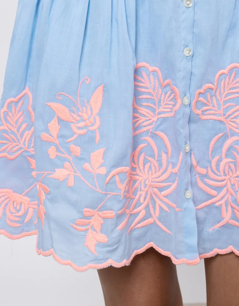 Cotton Blouson Dress with Butterfly Embroidery - Blue and Neon Pink