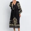 Crete V Neck Midi Kaftan - Black and Gold