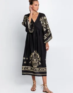 Crete V Neck Midi Kaftan - Black and Gold