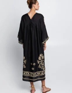 Crete V Neck Midi Kaftan - Black and Gold