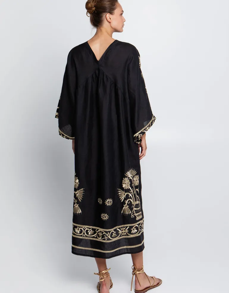Crete V Neck Midi Kaftan - Black and Gold