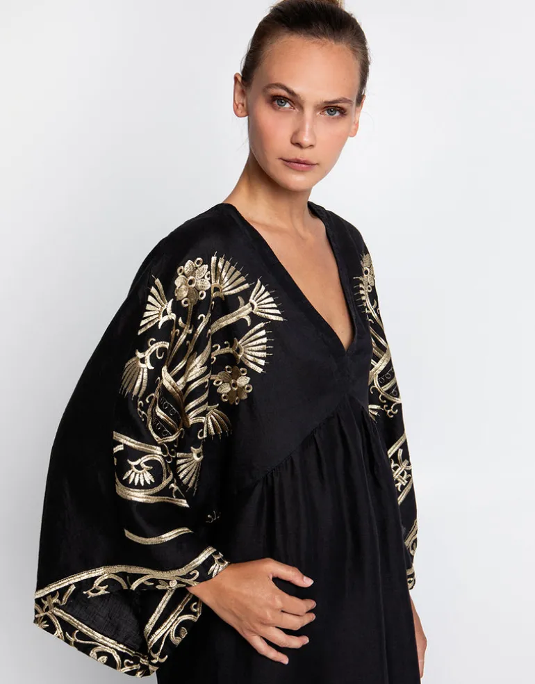 Crete V Neck Midi Kaftan - Black and Gold