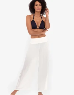 Crinkle Smocked Waist Beach Pant - White