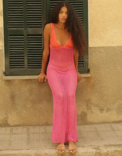 Crochet Colourblock Siren Dress - Hot Pink