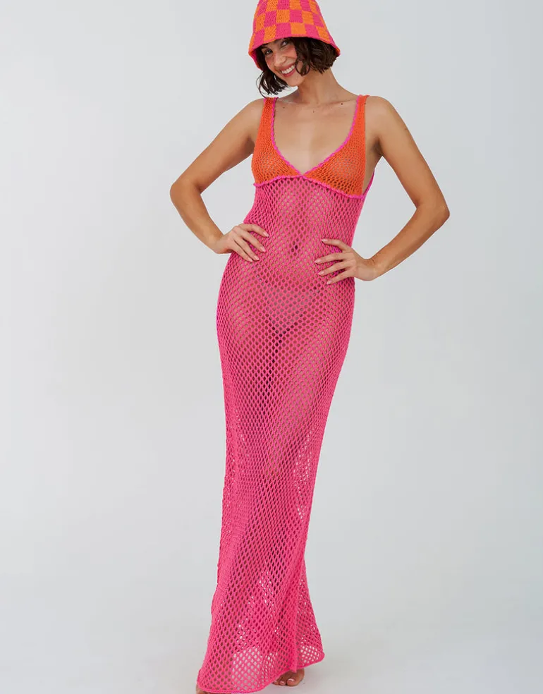 Crochet Colourblock Siren Dress - Hot Pink
