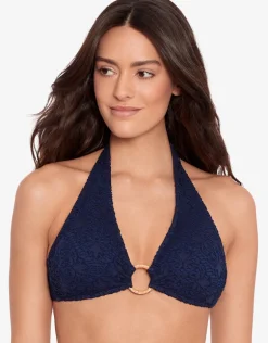 Crochet Rattan Ring Halter Bikini Top - Navy