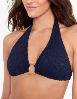 Crochet Rattan Ring Halter Bikini Top - Navy
