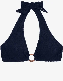 Crochet Rattan Ring Halter Bikini Top - Navy