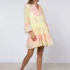 Dhaka Print Flared Sleeve Dress - Yellow and Fuchsia