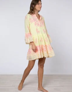 Dhaka Print Flared Sleeve Dress - Yellow and Fuchsia