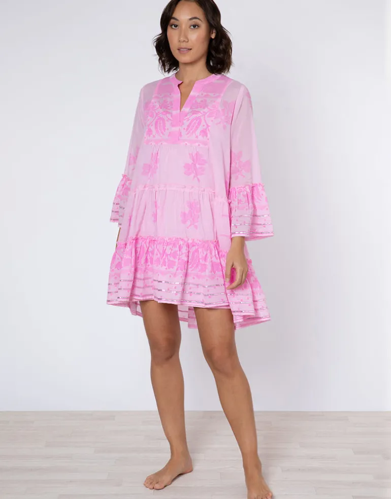 Dhaka Print Flared Sleeve Dress - Pink and Neon Pink