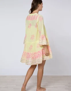 Dhaka Print Flared Sleeve Dress - Yellow and Fuchsia