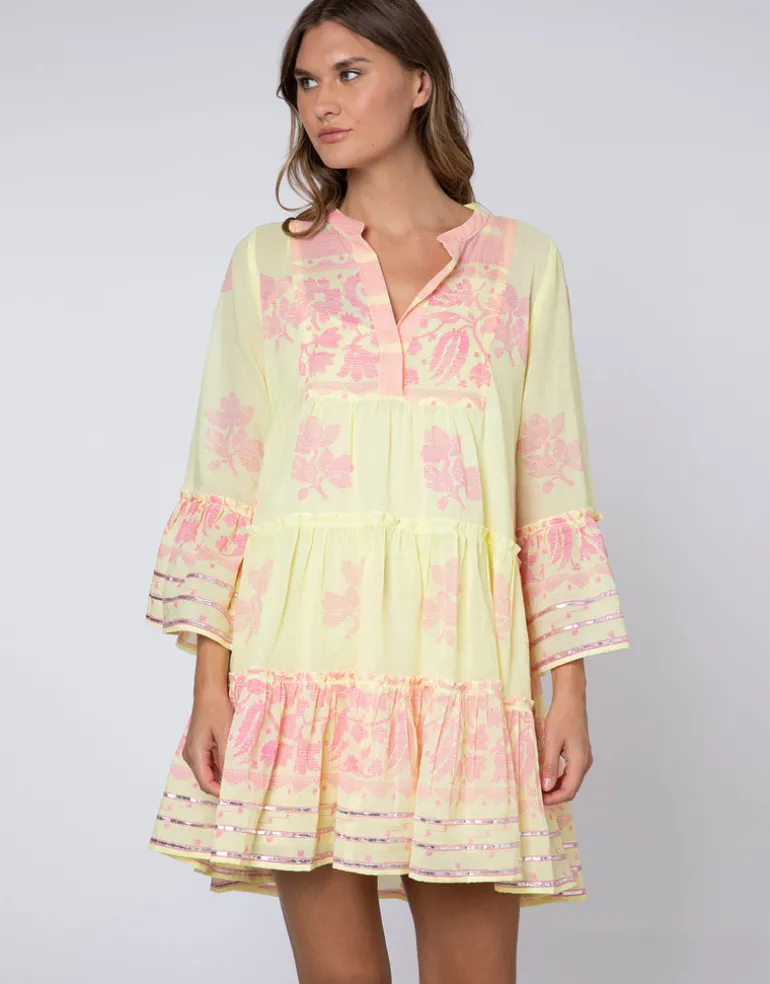 Dhaka Print Flared Sleeve Dress - Yellow and Fuchsia